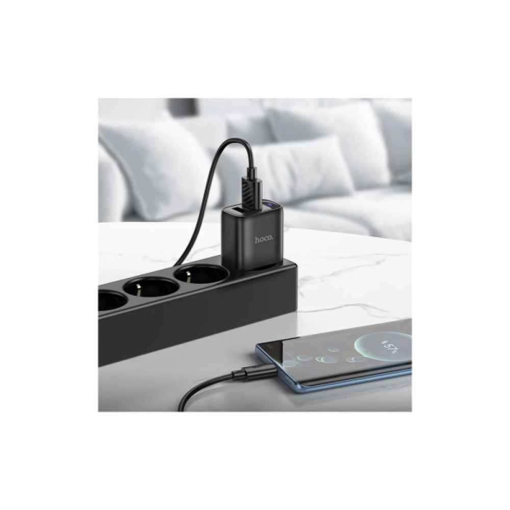 Зарядний пристрій HOCO C141A 2xUSB + cable USB to USB-C black (6942007627900)