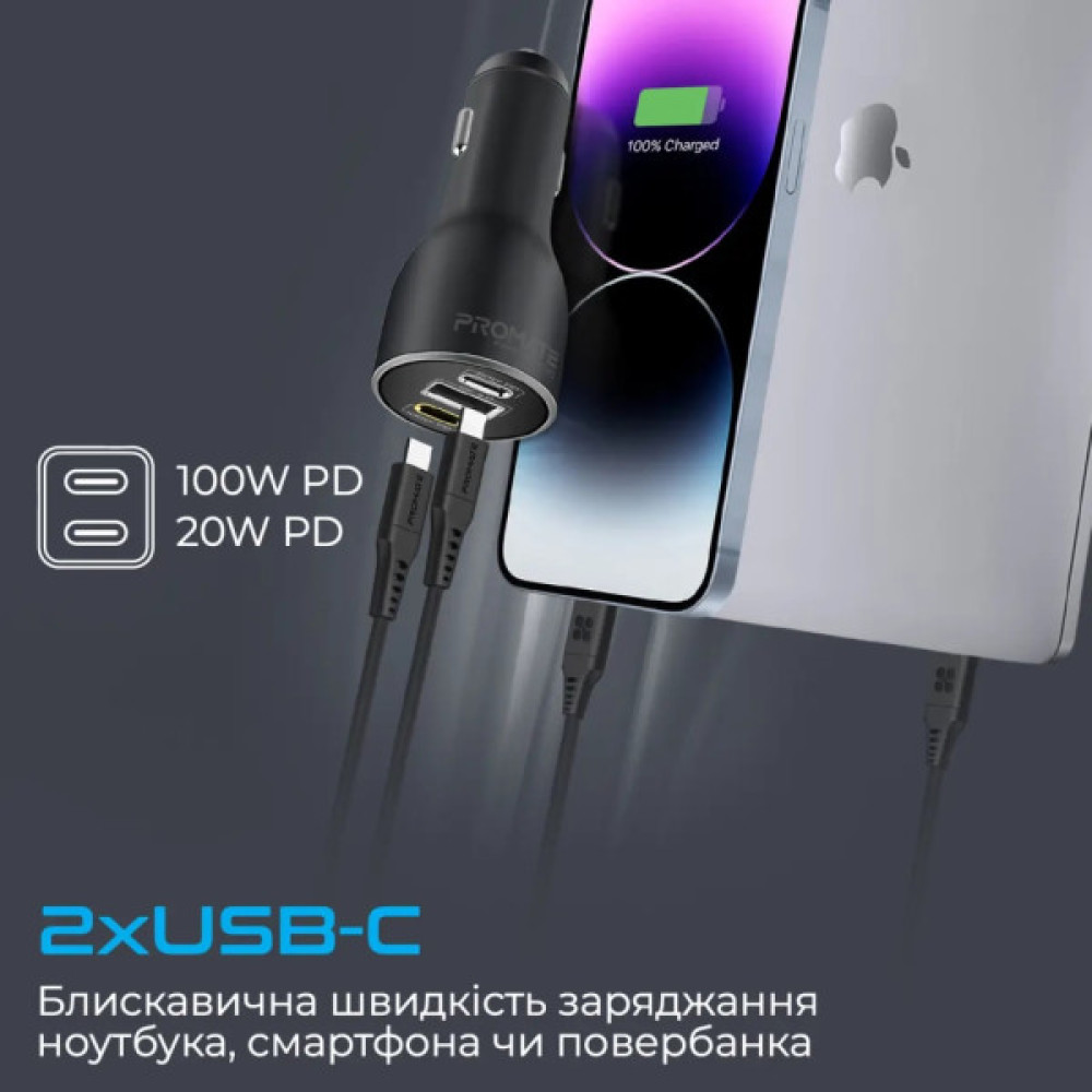 Зарядний пристрій Promate 2xUSB-C + USB-A (powerdrive-120.black)