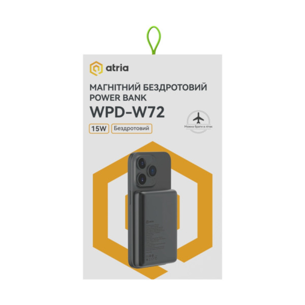 Батарея універсальна Atria 10000mAh, PD/20W, 15W Wireless MagSafe, Black (WPD-W72B)
