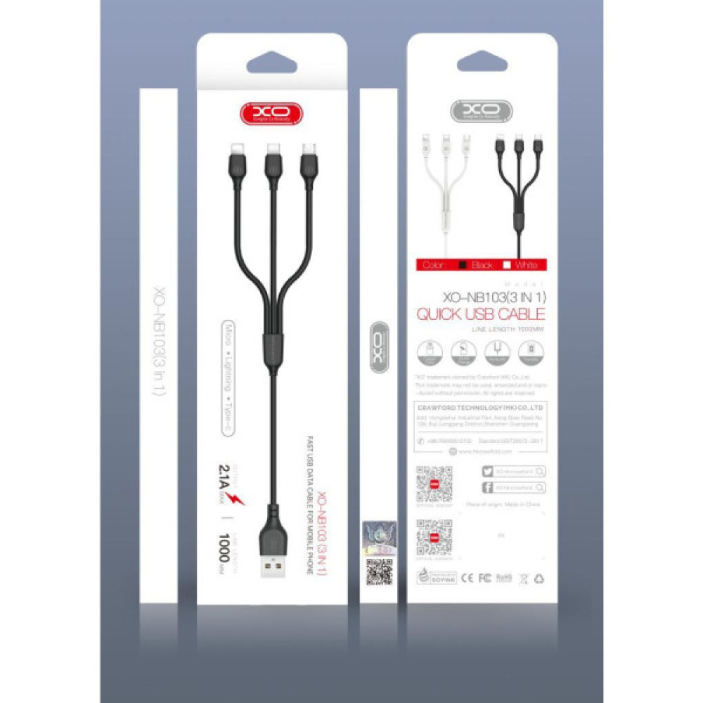Дата кабель USB 2.0 AM to Lightning + Micro 5P + USB-C 1.0m 2.1A black XO (NB103-3in1-1-BK)