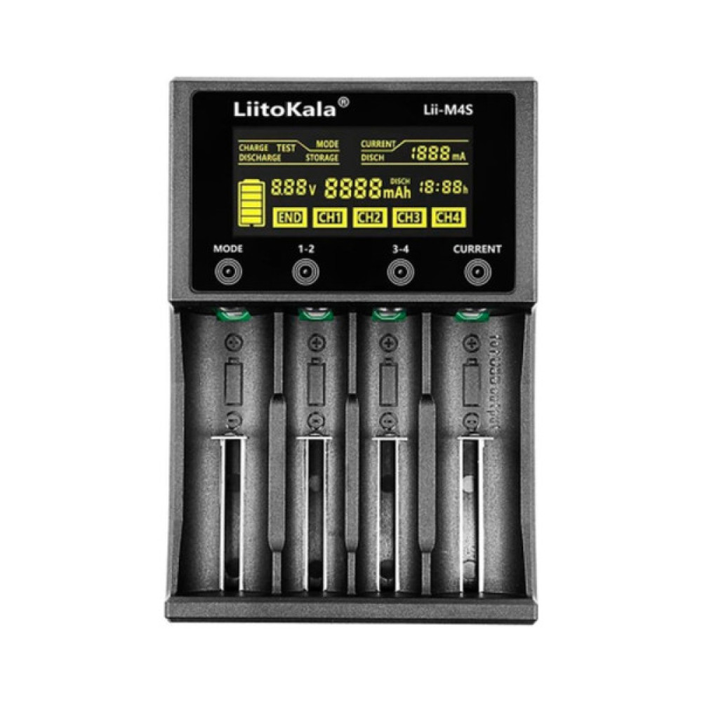 Зарядний пристрій для акумуляторів Liitokala 4 Slots, Type-C, LED disp, Li-ion 3.7V/1.2V, AA/AAA, 18650/26650/16340/14500/10440/18500 (Lii-M4S)