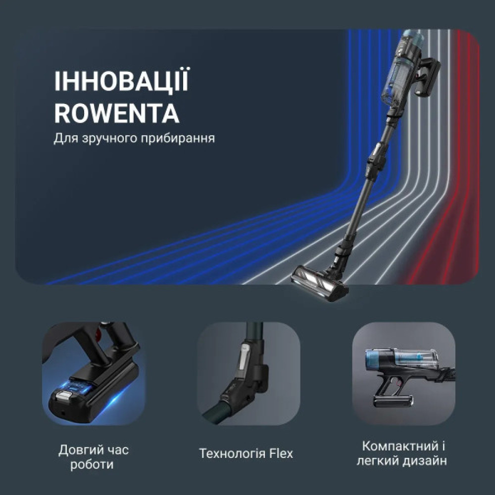 Пилосос Rowenta безпровідний X-Force Flex 14.80 Animal Aqua, 240Вт, вологе прибирання, конт пил -0.65л, автон. робота до 90хв, HEF system 99,9%, чорно-синій