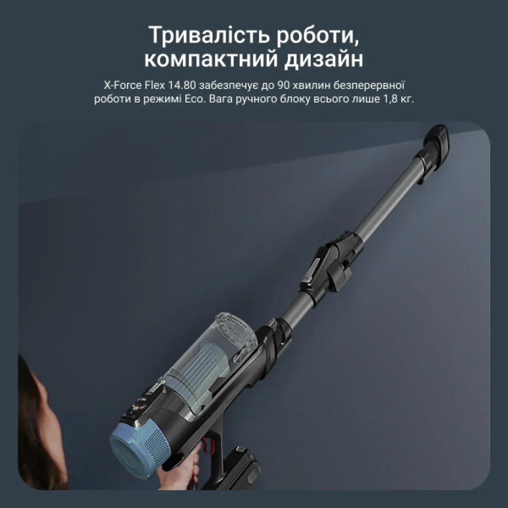 Пилосос Rowenta безпровідний X-Force Flex 14.80 Animal Aqua, 240Вт, вологе прибирання, конт пил -0.65л, автон. робота до 90хв, HEF system 99,9%, чорно-синій