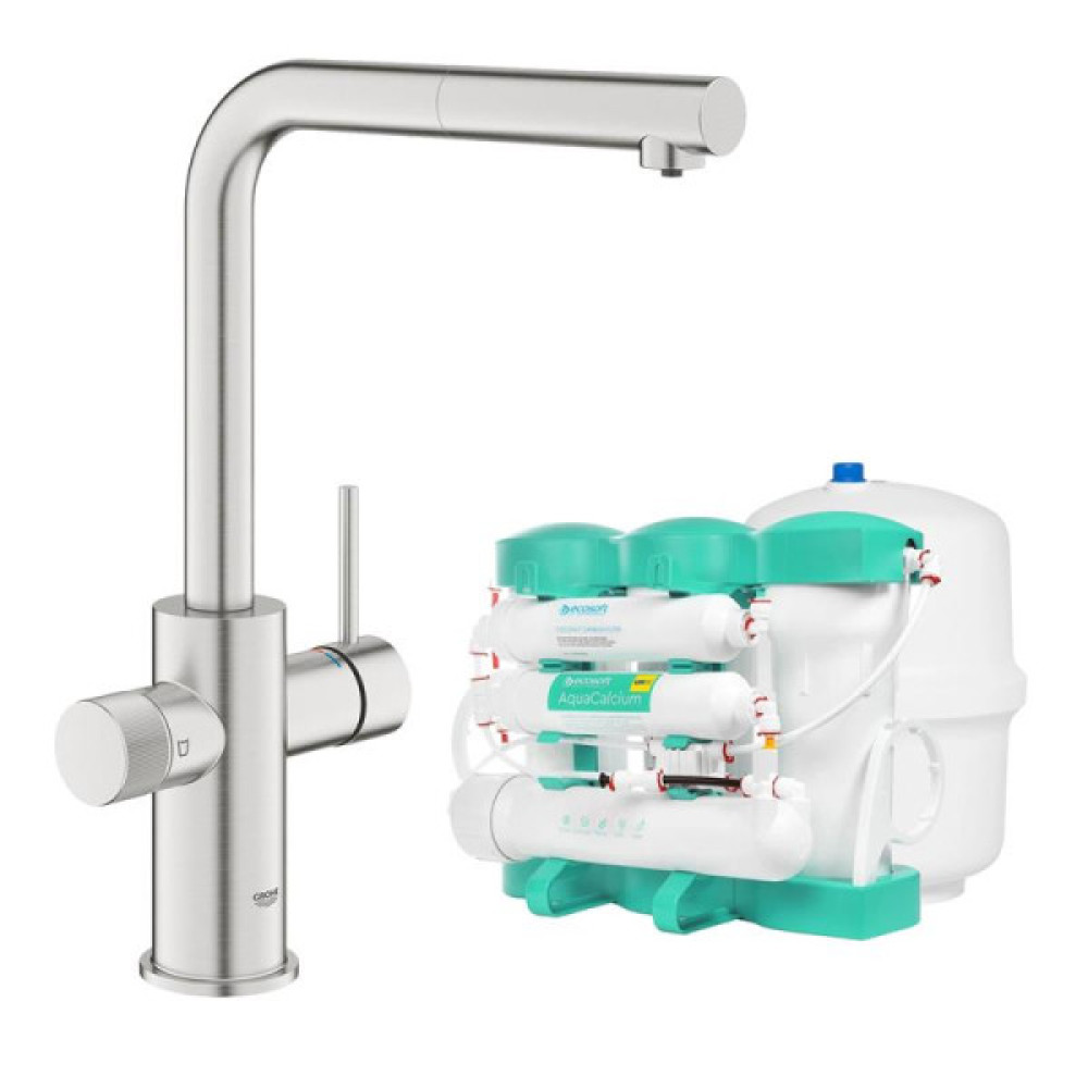 Комплект змішувача для кухні з висувним виливом Grohe Blue Pure Minta з фільтром зворотного осмосу Ecosoft P’URE AQUACALCIUM Mint (MO67530601DC)