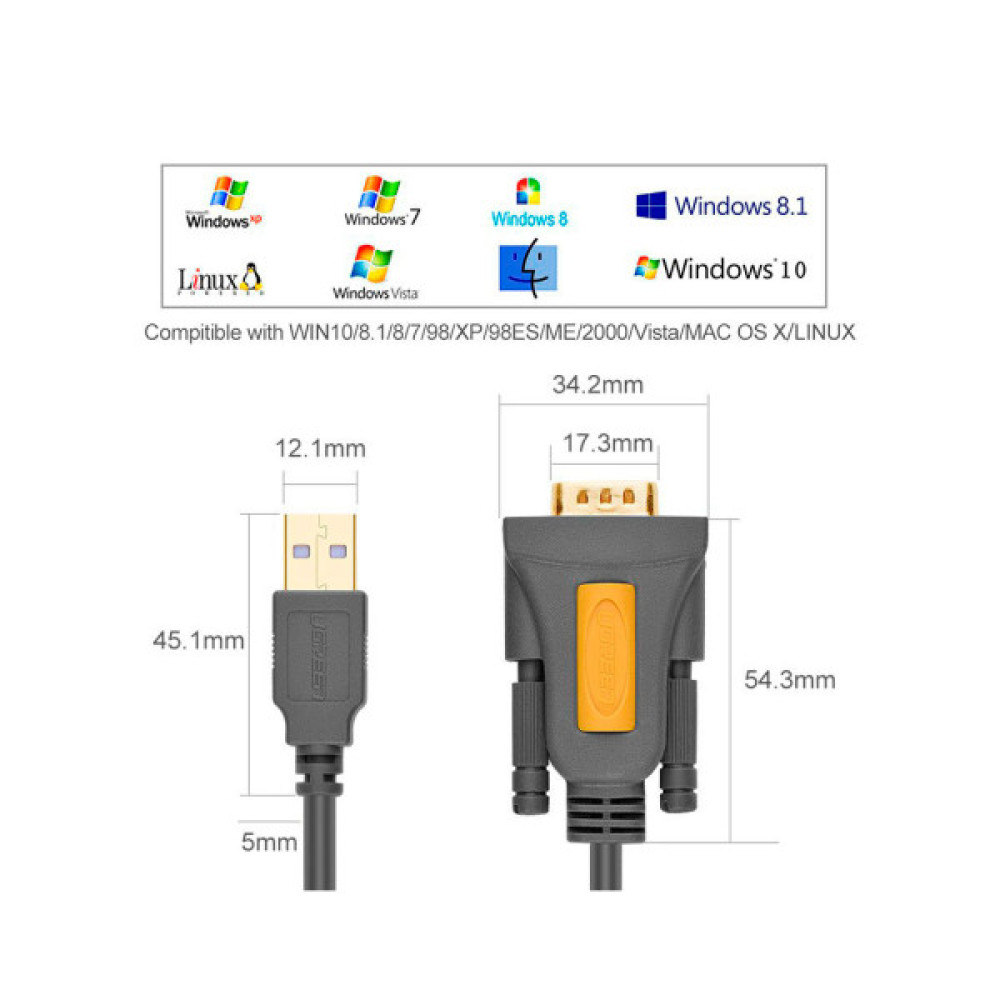 Кабель для передачі даних USB to COM M 2.0m DB9 RS-232 CR104 black Ugreen (20222)