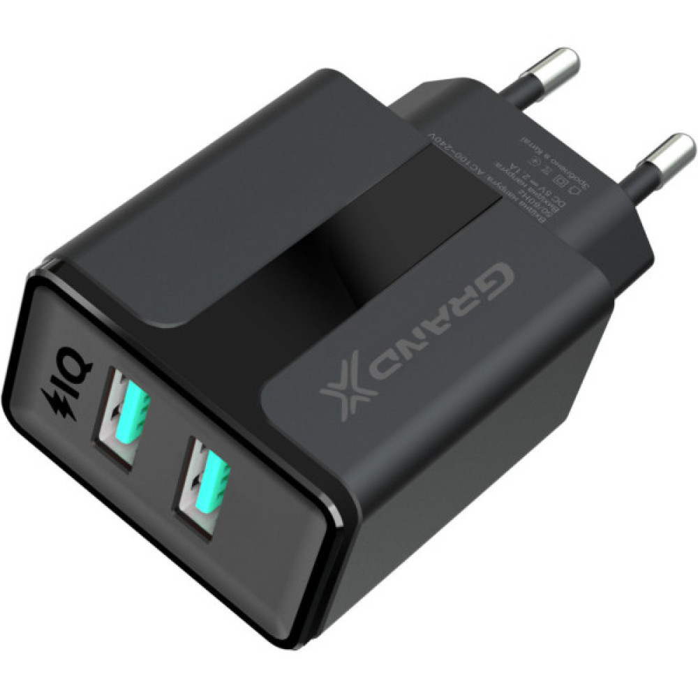Зарядний пристрій Grand-X CH-15T 5V 2.1A 2USB Black + cable USB -> Type-C (CH-15T)