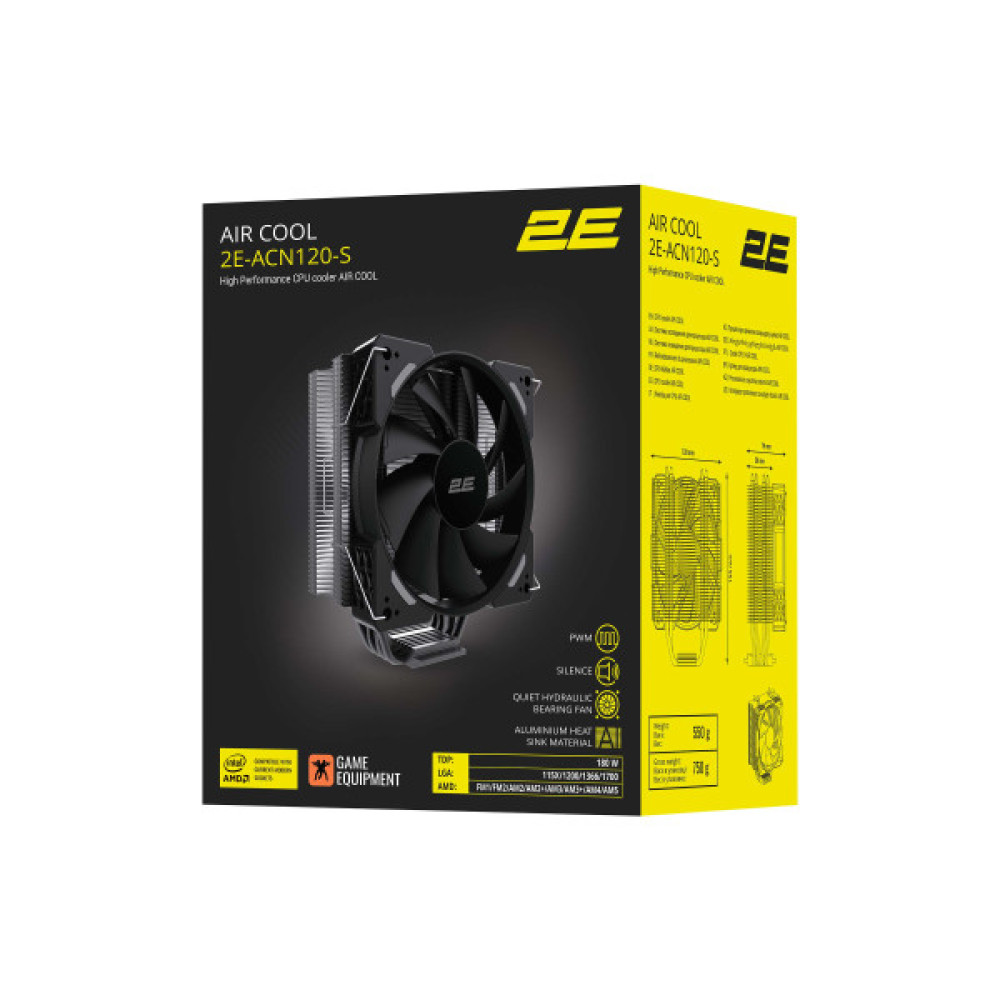 Процесорний кулер 2E GAMING Air Cool ACN120-S, LGA1851, 1700, 1366, 1200, 115x, AM5, AM4, AM3, AM3+, AM2, AM2+, FM2, FM1, 4pin PWM, TDP 180W