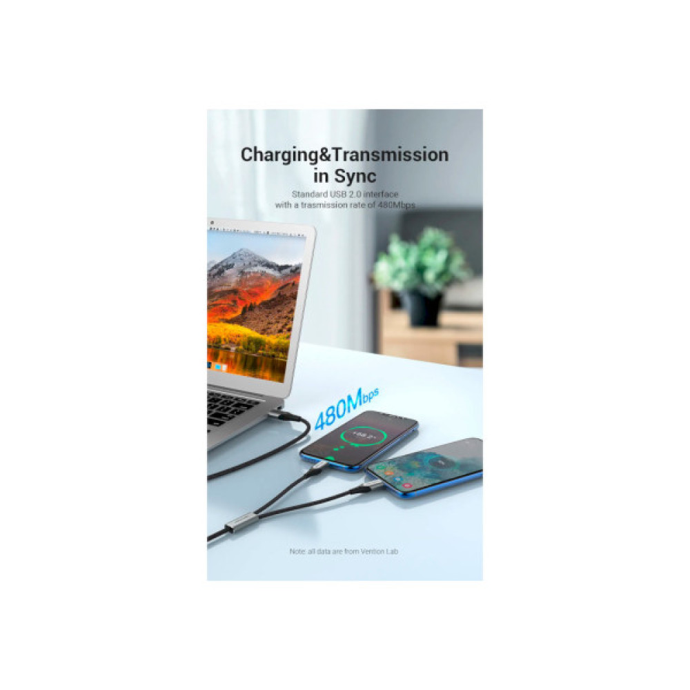 Дата кабель USB 2.0 AM to 2хUSB-C M 1.0m 2.4А 480Mbps Aluminum VENTION (CQOHF)