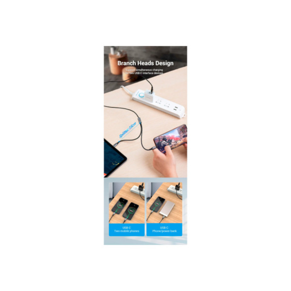 Дата кабель USB 2.0 AM to 2хUSB-C M 1.0m 2.4А 480Mbps Aluminum VENTION (CQOHF)