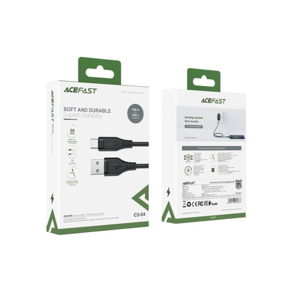 Дата кабель USB 2.0 AM to USB-C 1.2m 3.0A TPE Black Acefast (6974316280866)