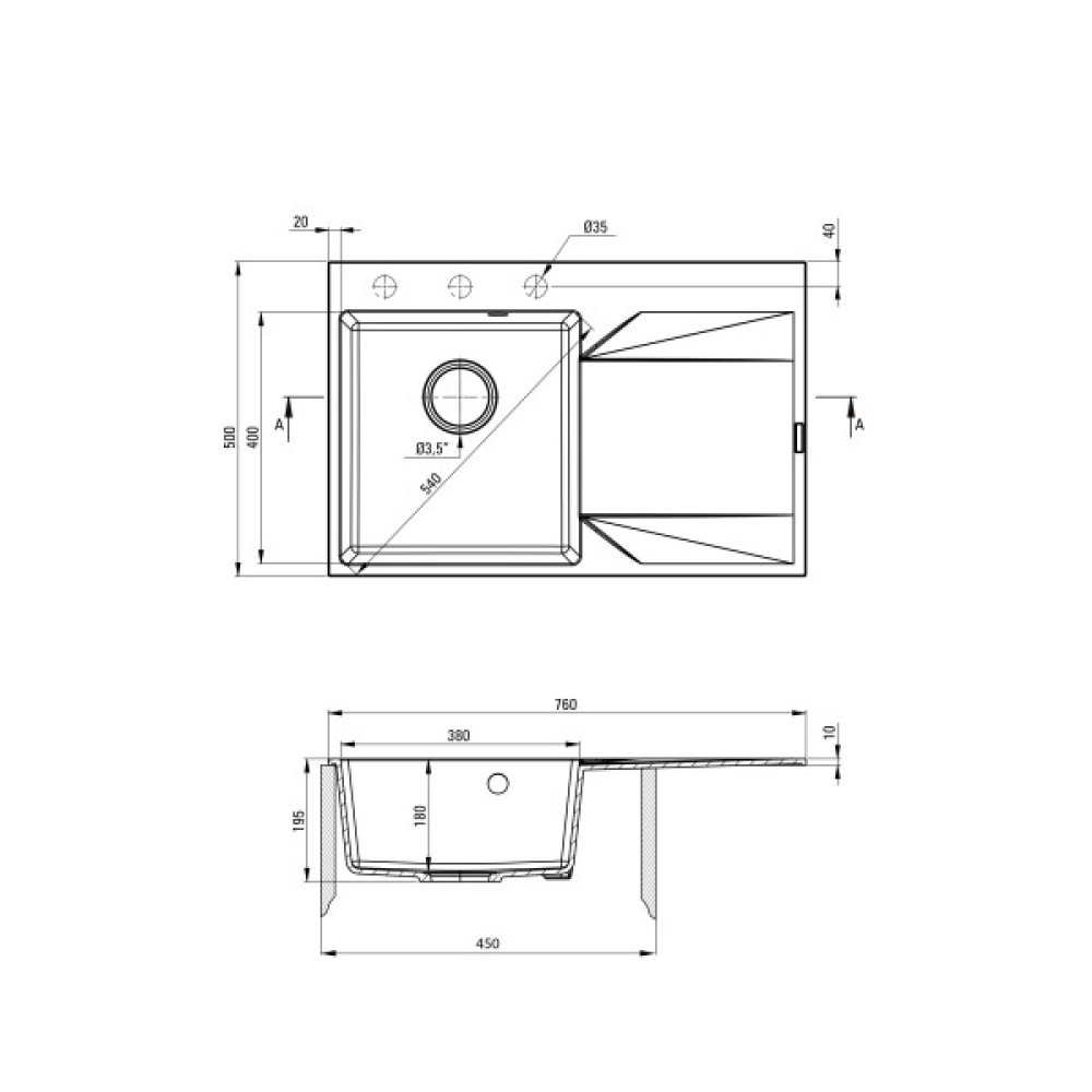 Мийка кухонна Deante Evora, граніт, прямокутна, з крилом, 760х500х195мм, чаша - 1, врізна, графіт