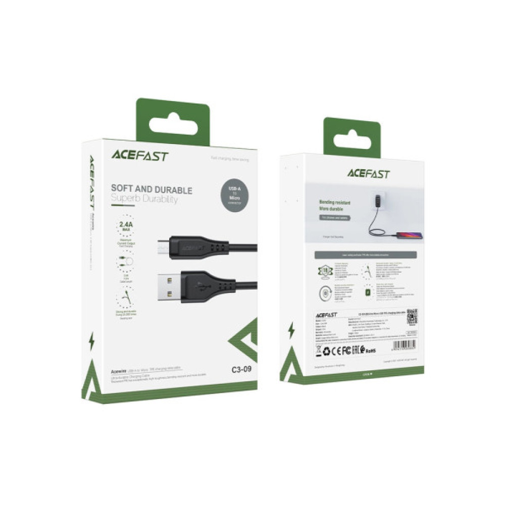 Дата кабель USB 2.0 AM to Micro 5P 1.2m 2.4A TPE C3-09 black Acefast (6974316280880)