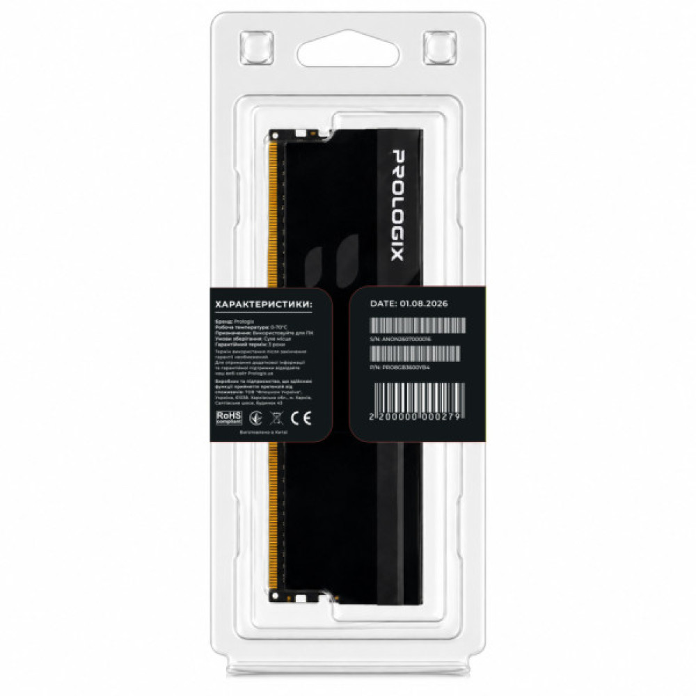 Модуль пам'яті для комп'ютера DDR4 8GB 3600 MHz Onyx Black Prologix (PRO8GB3600YB4)