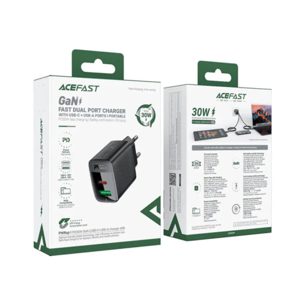 Зарядний пристрій Acefast 2xUSB 30W (USB-C+USB-A) Gan A98 Black (6974316283263)