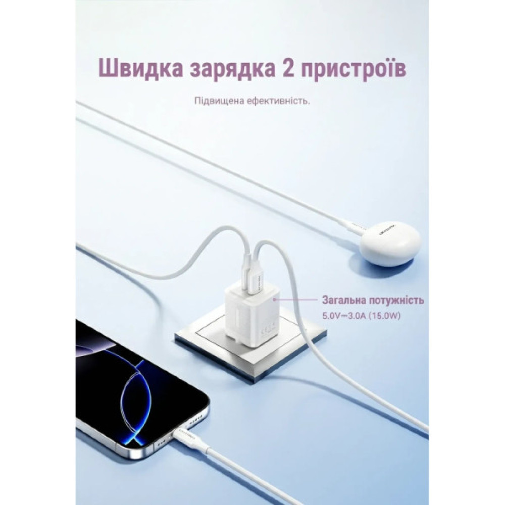 Зарядний пристрій Vention 1xUSB-C PD30W + 1xUSB QC3.0 30W GaN white (FEQW0-EU)