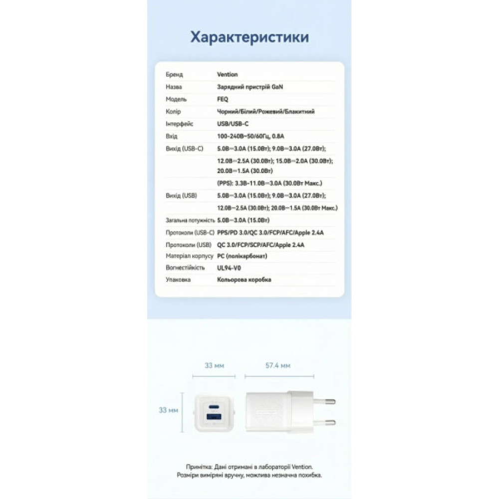 Зарядний пристрій Vention 1xUSB-C PD30W + 1xUSB QC3.0 30W GaN white (FEQW0-EU)