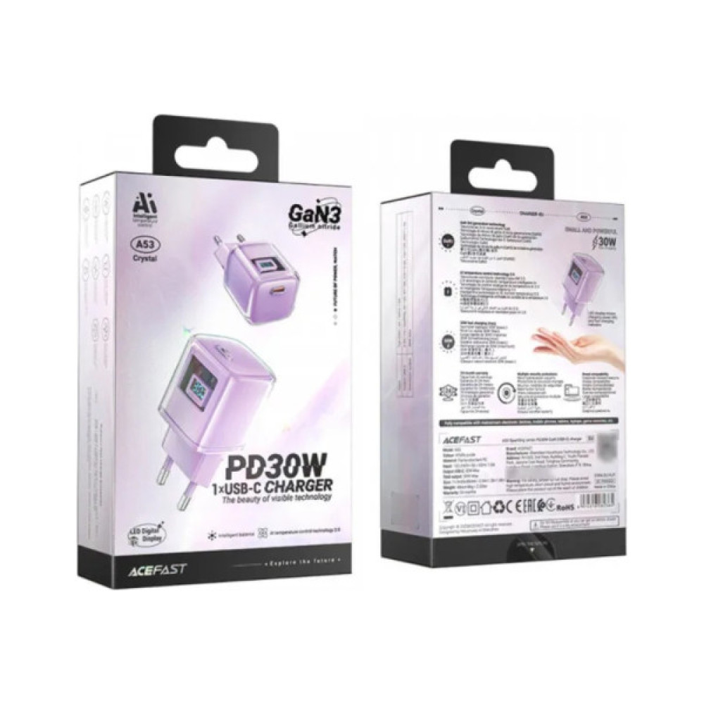 Зарядний пристрій Acefast 1xUSB-C 30W Gan A53 Fast Charger alfalfa purple (6974316282365)