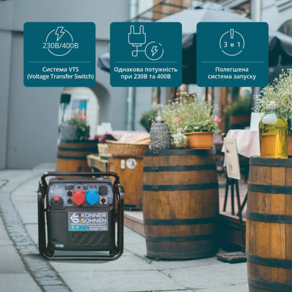 Генератор інверторний бензиновий Konner&Sohnen KS 8100iE 1/3 ATSR 230/400В 8/8.5кВт АВР(ATS) електростартер 68кг