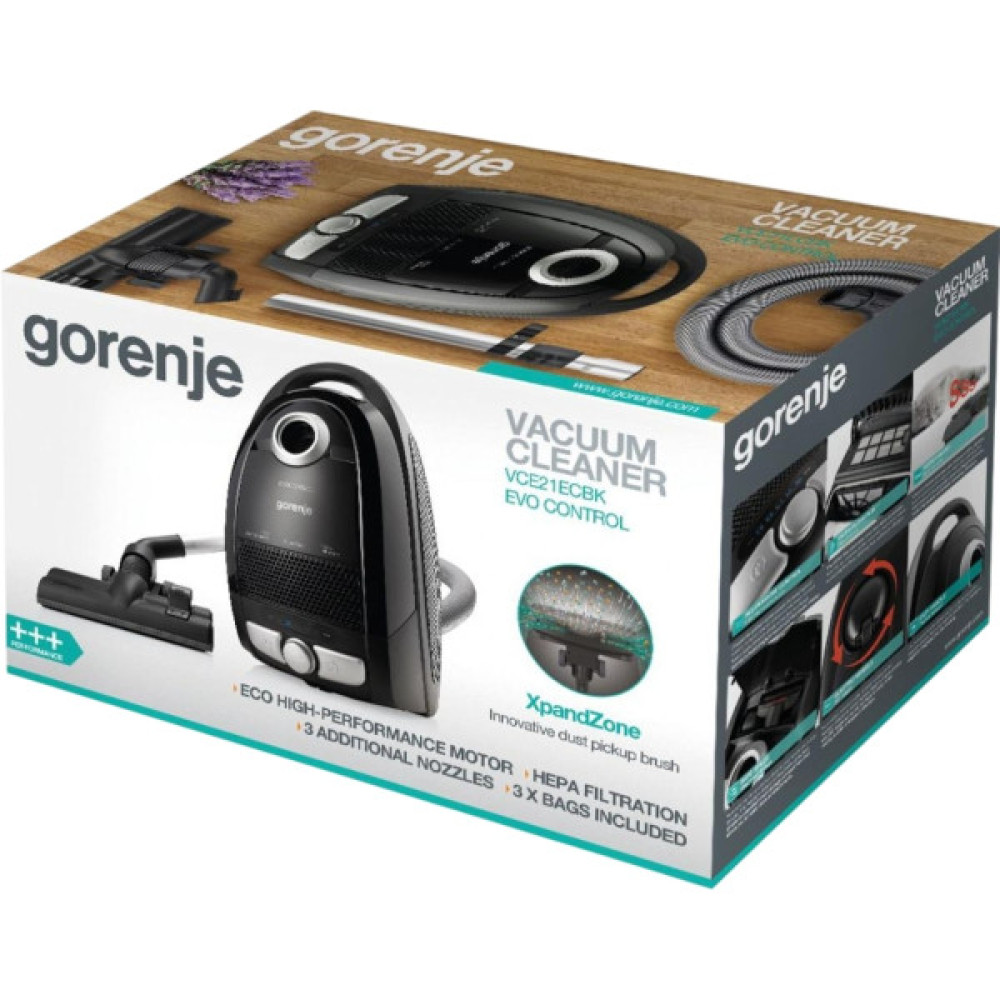 Пилосос Gorenje мішковий, 800Вт, конт пил -3л, HEPA, телескоп трубка, чорний