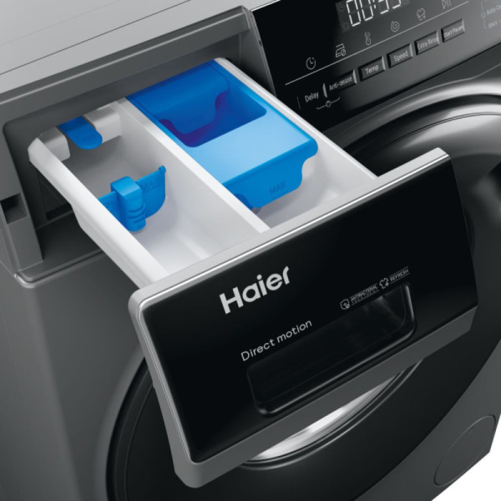 Пральна машина Haier фронтальна, 9кг, 1400, A+++, 60см, дисплей, пара, інвертор, люк чорний, прямий привід, cріблястий