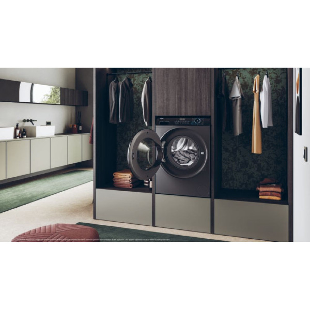 Пральна машина Haier фронтальна, 9кг, 1400, A+++, 60см, дисплей, пара, інвертор, люк чорний, прямий привід, cріблястий
