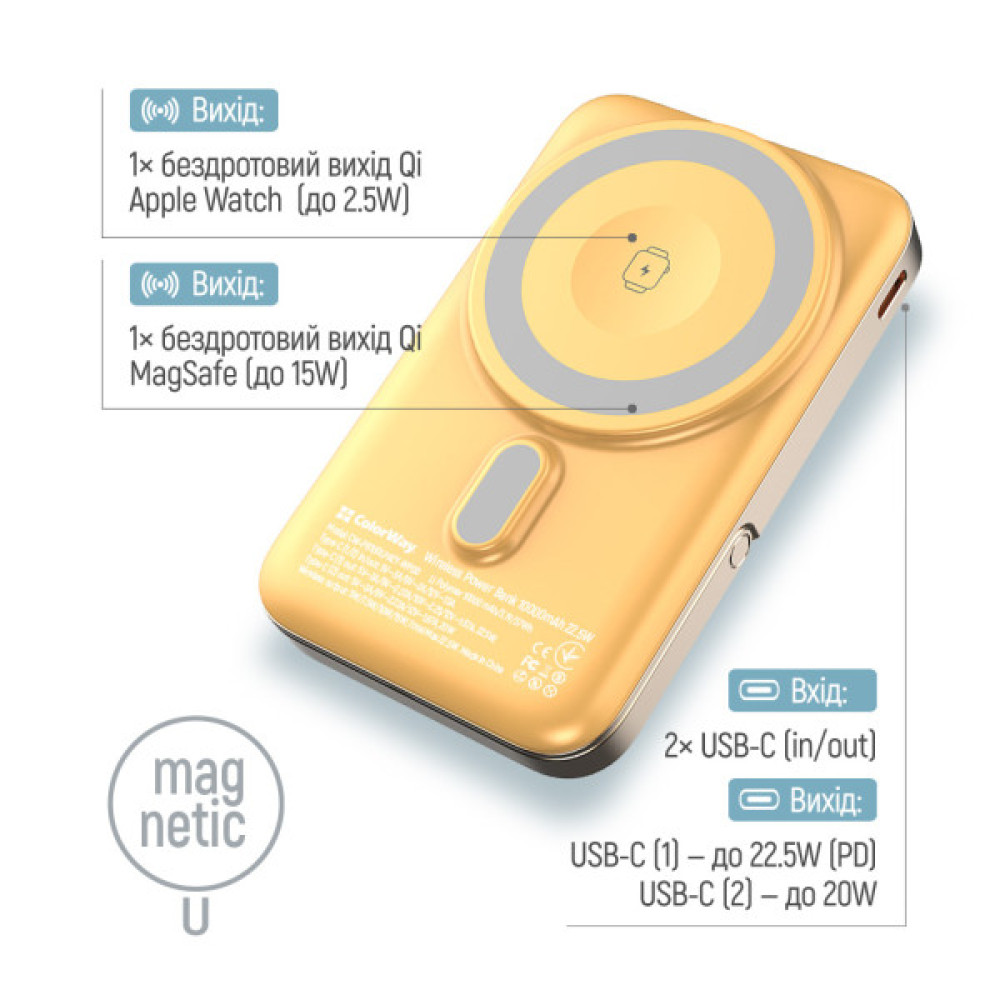 Батарея універсальна ColorWay 10 000 mAh PD/22.5W, 15W MagSafe & Watch Wireless Amber (CW-PB100LPA2Y-WPDD)