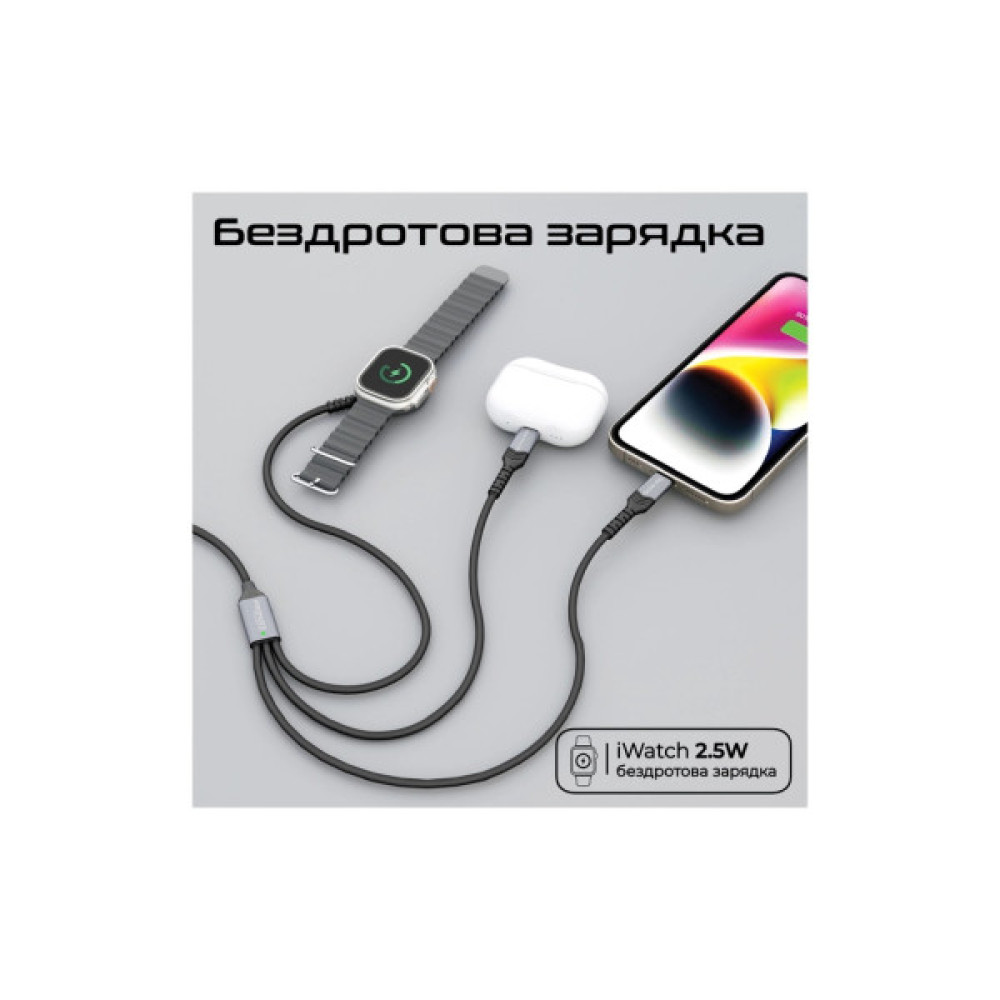 Дата кабель USB-C to Lightning 27W + USB-C 60W + Apple Watch 2.5W 1.5m icharge trio black Promate (icharge-trio.black)