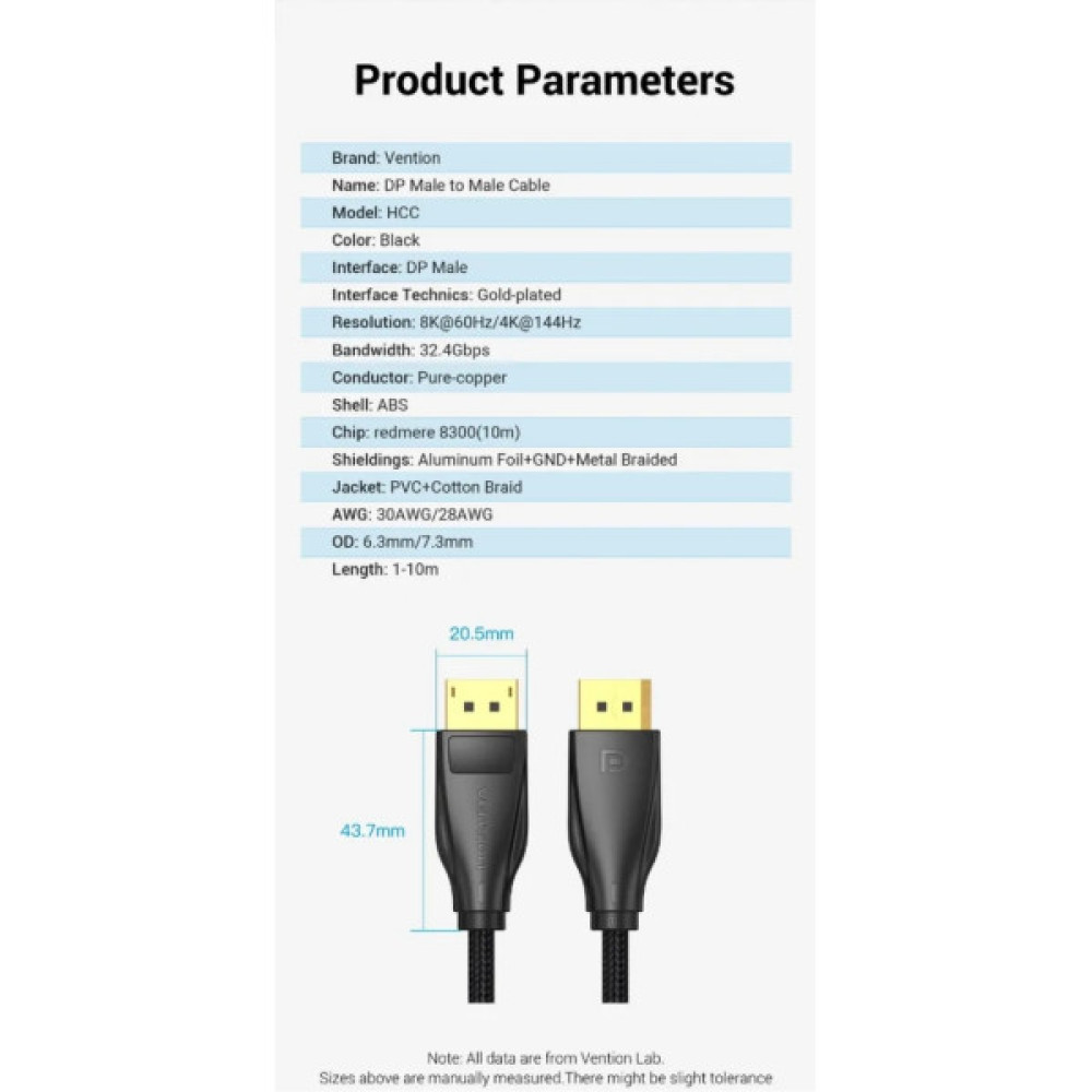 Кабель мультимедійний DisplayPort M to DisplayPort M 2.0m 8K60Hz black Vention (HCCBH)