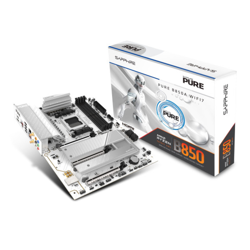SAPPHIRE Motherboard PURE B850A WIFI7 sAM5 B850 4xDDR5 M.2 HDMI DP WiFi BT ATX білий