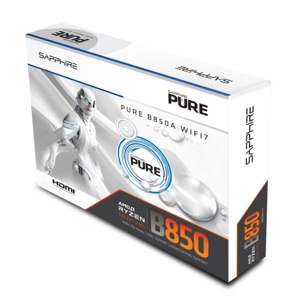 SAPPHIRE Motherboard PURE B850A WIFI7 sAM5 B850 4xDDR5 M.2 HDMI DP WiFi BT ATX білий