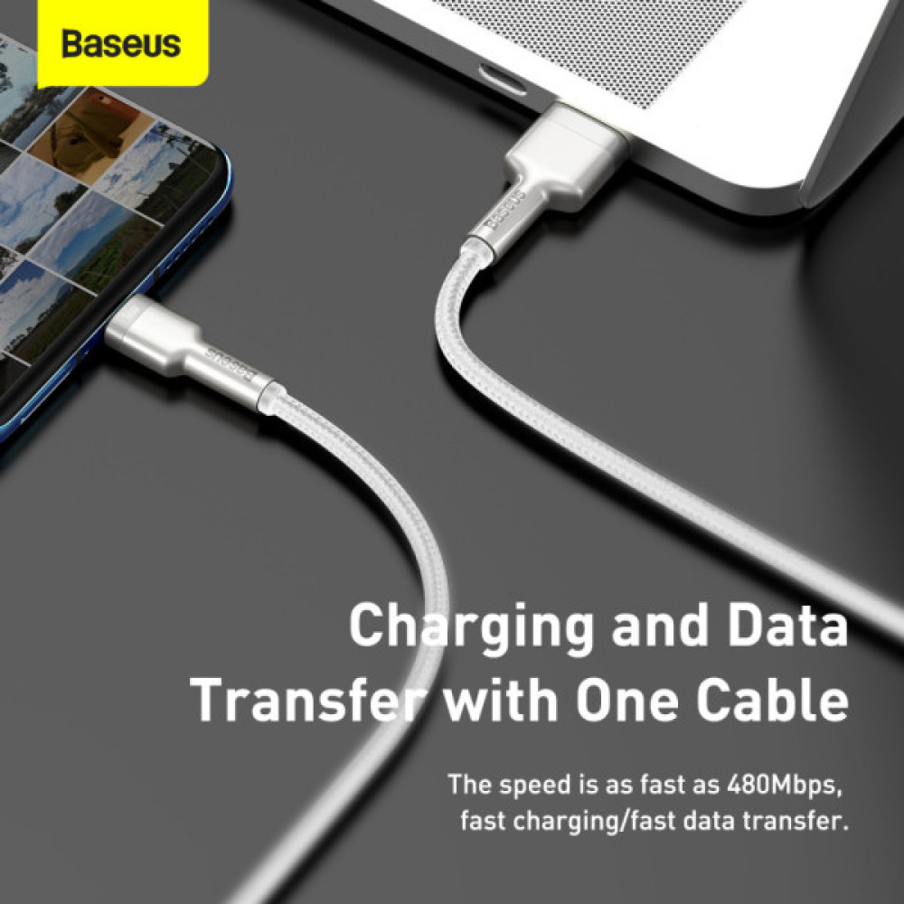 Дата кабель USB 3.1 AM to USB-C 2.0m 6.0A 66W Cafule Series Metal White Baseus (CAKF000202)