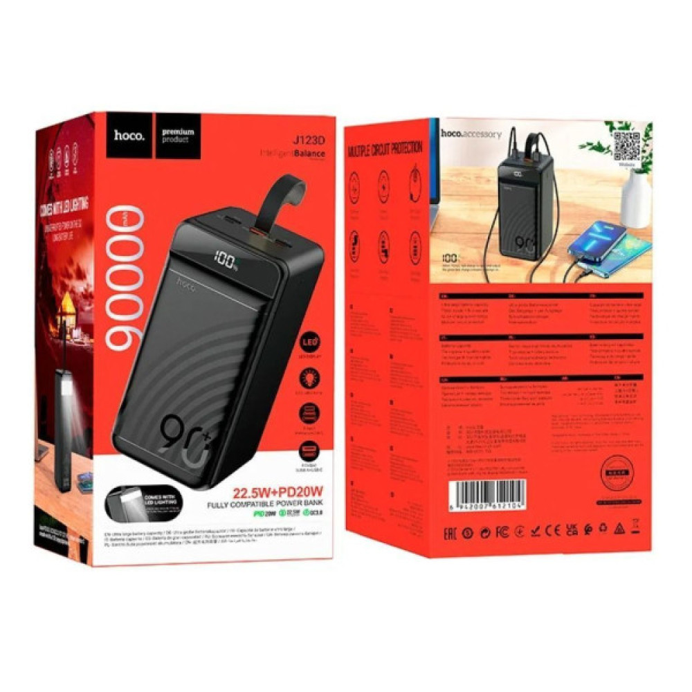 Батарея універсальна HOCO 90000mAh Element PD/20W, QC/FCP/SCP/AFC/22.5W, LCD, LED Lamp Black (J123D / 714778)
