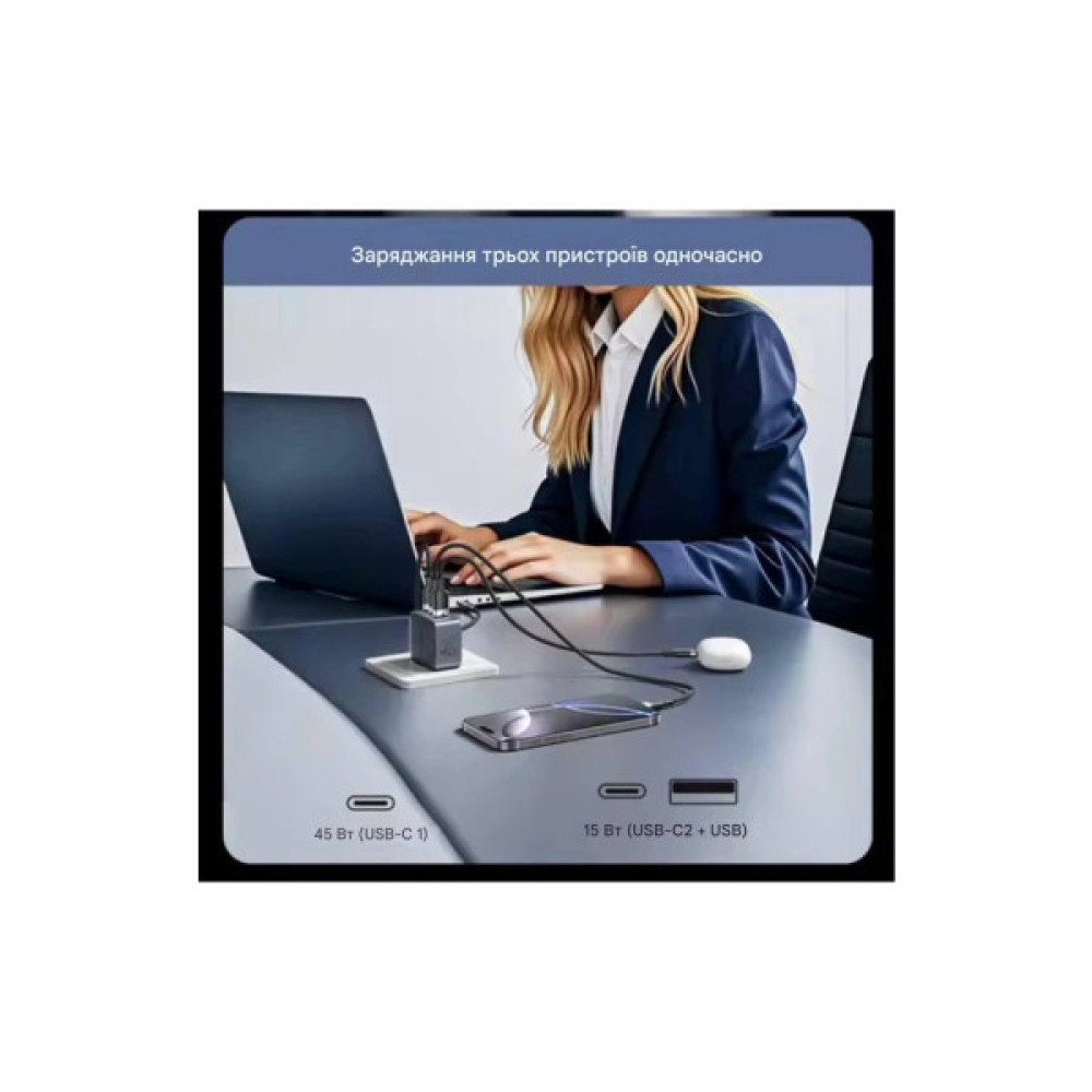 Зарядний пристрій Vention 1xUSB-C PD70W + 1xUSB QC3.0 22.5W GaN + cable USB-C to USB-C 1.0m 5A gray (TZ-FCGH0-EU)