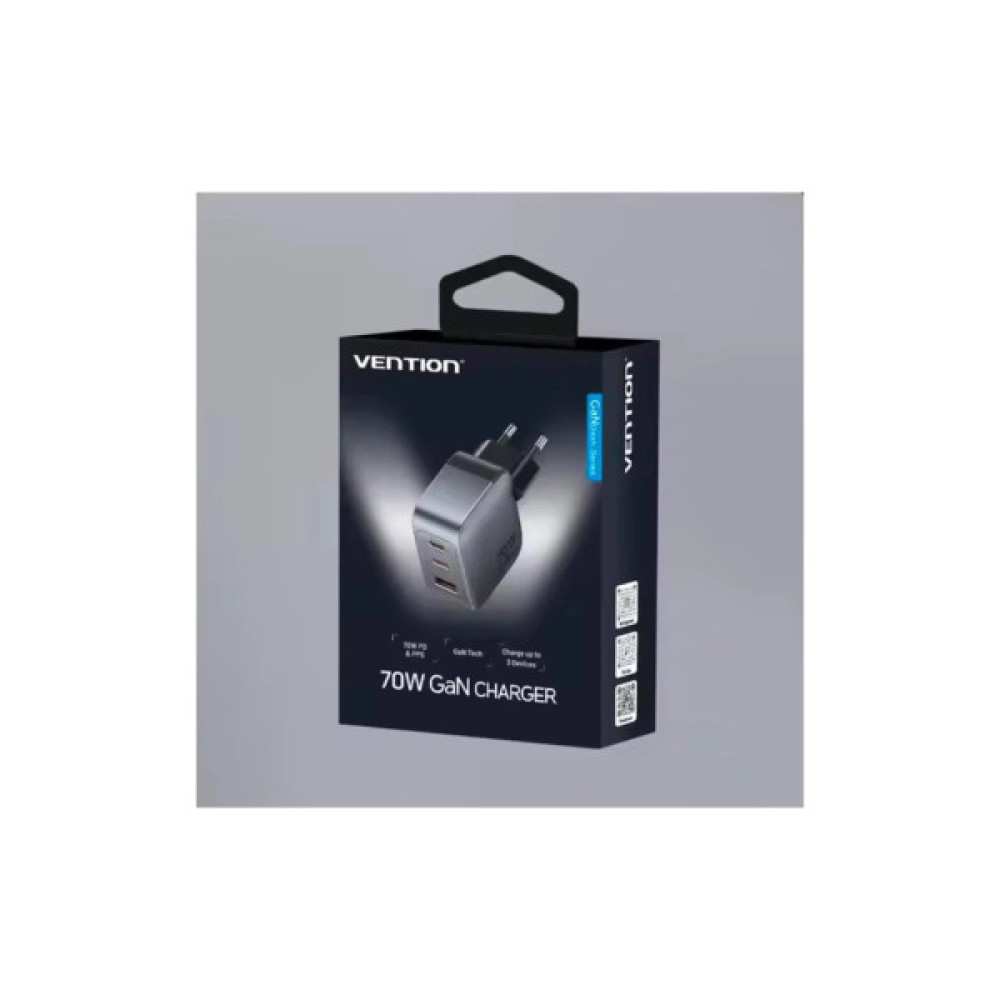 Зарядний пристрій Vention 1xUSB-C PD70W + 1xUSB QC3.0 22.5W GaN + cable USB-C to USB-C 1.0m 5A gray (TZ-FCGH0-EU)