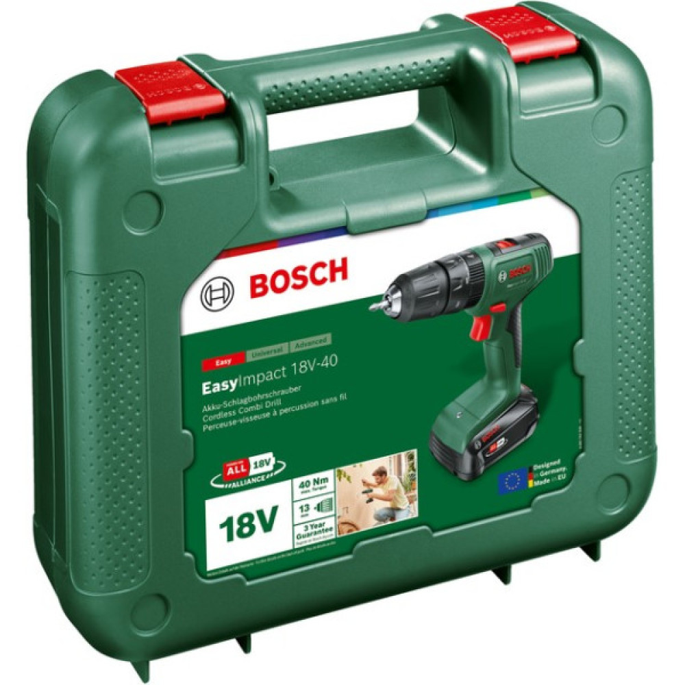 Шурупокрут-дриль акумуляторний Bosch EasyImpact 18V-40 18В 2х2А·год 20·38Нм 0-430·0-1630об/хв кейс ЗП 1.4кг