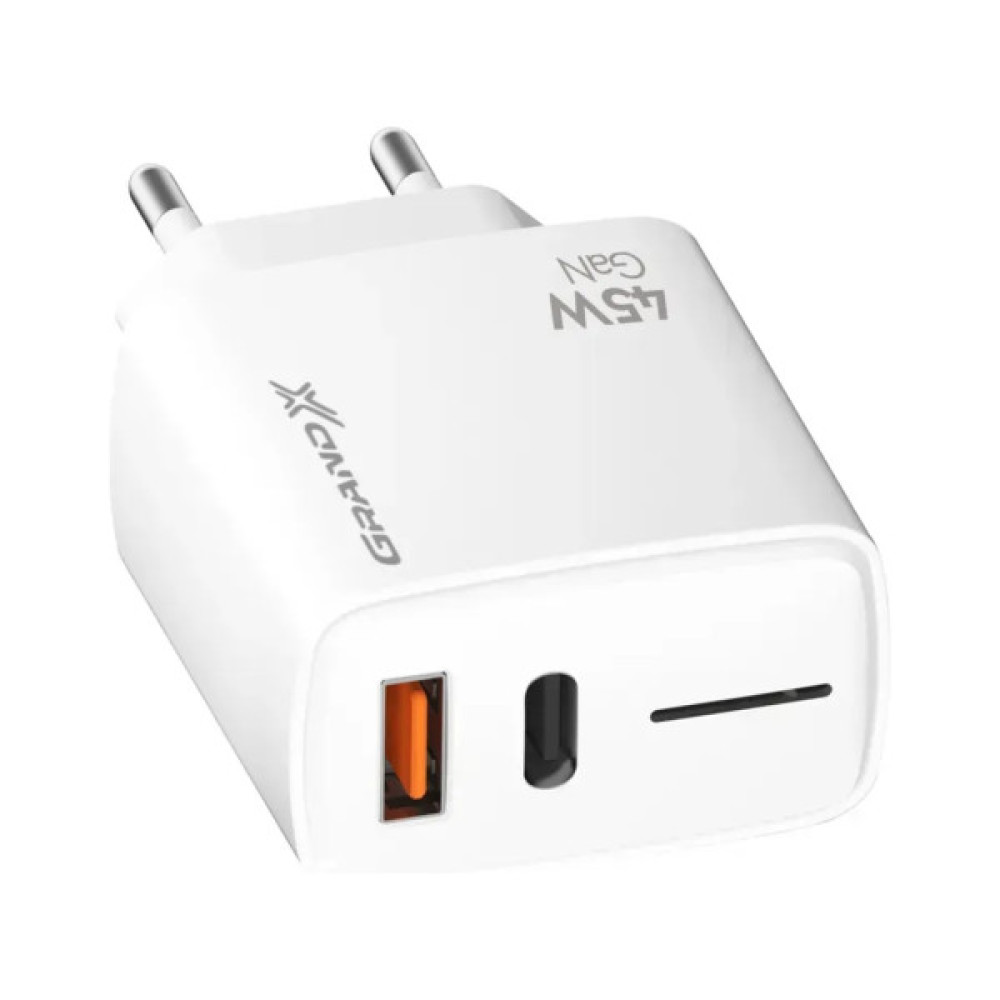 Зарядний пристрій Grand-X GaN 1xUSB-C + 1xUSB QC3.0 45W white (CH-460W)