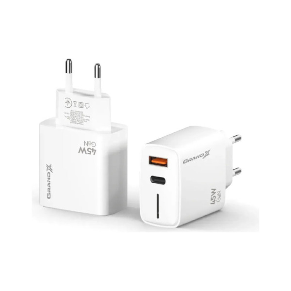 Зарядний пристрій Grand-X GaN 1xUSB-C + 1xUSB QC3.0 45W white (CH-460W)
