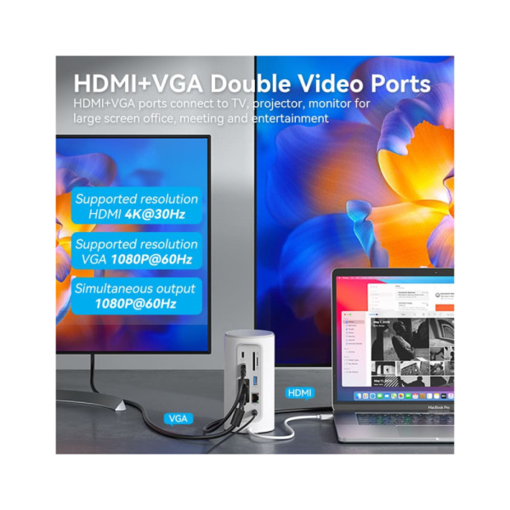 Концентратор VENTION USB3.1 Type-C to HDMI/VGA/USB3.0x3/RJ45/SD/TF/TRRS 3.5m/PD/DC100W12-in-1 (TPHWC-EU)