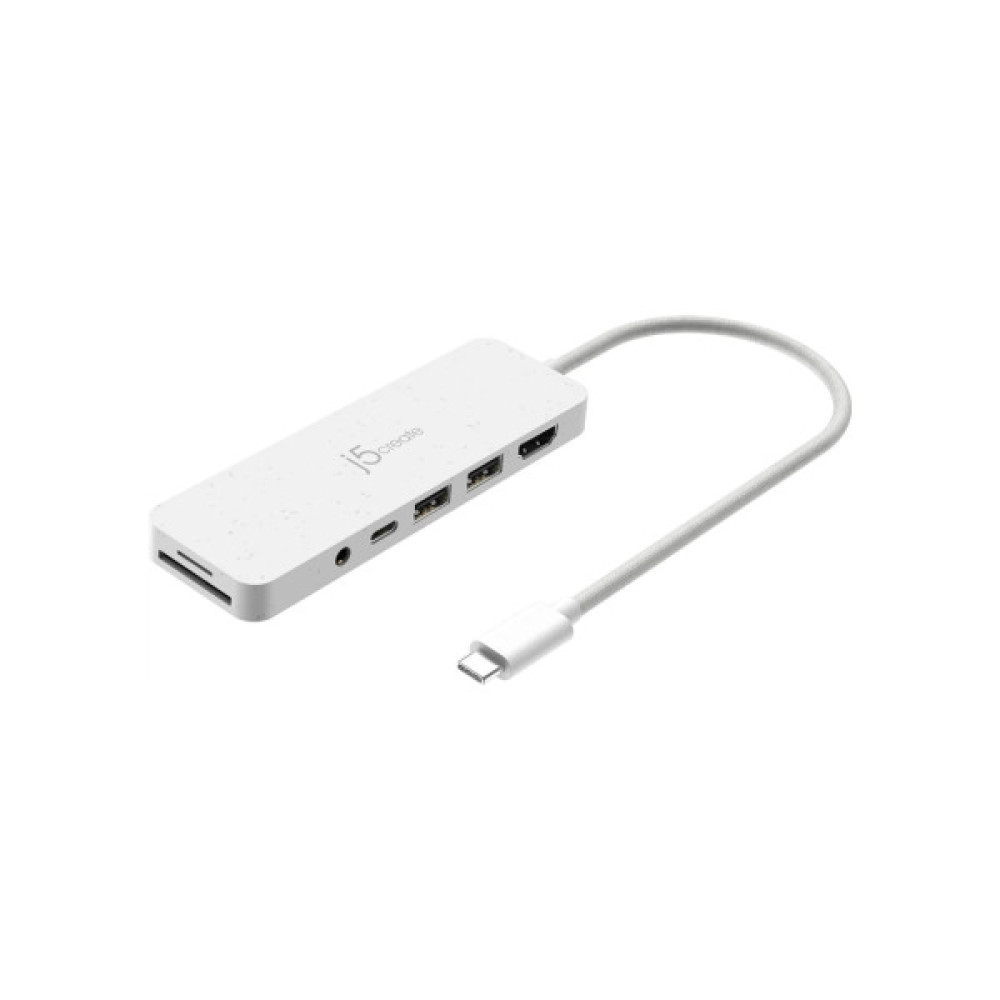 Концентратор J5create USB-C 6-in-1 2xUSB 3.2 + USB-C PD + HDMI 4K + SD/TF + 3.5mm white (JCD373EW-N)
