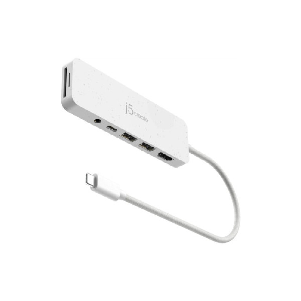 Концентратор J5create USB-C 6-in-1 2xUSB 3.2 + USB-C PD + HDMI 4K + SD/TF + 3.5mm white (JCD373EW-N)