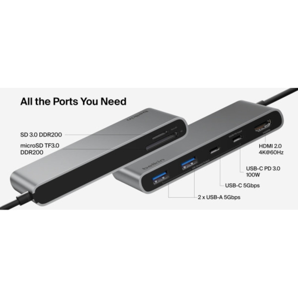 Концентратор Belkin USB-C 7-in-1 2xUSB 3.0 + USB-C + PD + HDMI 2.0 4K60Hz + SD/TF gray (AVC023HQSGY)