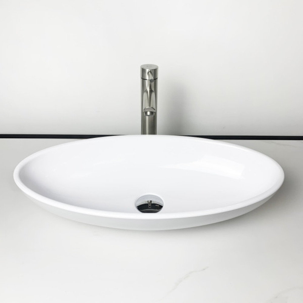 Раковина, умивальник Adamant ANDERE NEW, штучний камінь, овальна, без отвору для змішувача та переливу, 590х295х130мм, накладний, білий