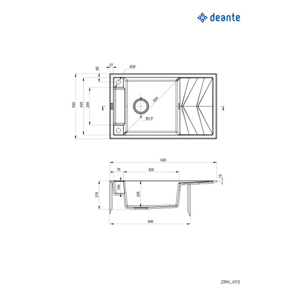 Мийка кухонна Deante Magnetic, граніт, прямокут., з крилом, 820х500х219мм, чаша - 1, накладна, чорний матовий