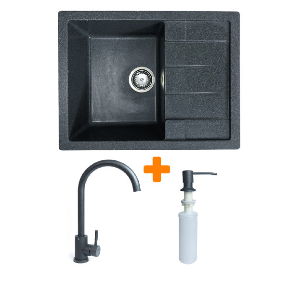 Набір кухонний Adamant Anila, штучний камінь, прямокут., з крилом, 645х495х200мм, чаша - 1, врізна, графіт + змішувач та дозатор