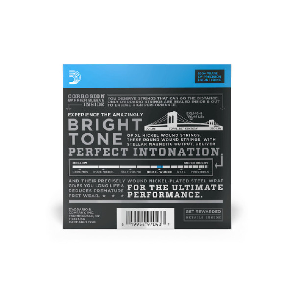 Струни для гітари D'Addario XL Nickel Wound Light Top / Heavy Bottom 8-String (10-74) (EXL140-8)