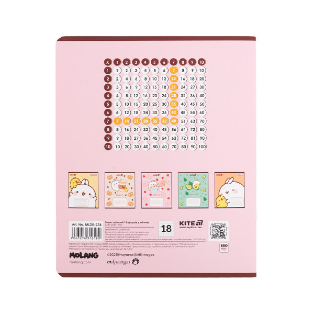 Зошит Kite Molang, 18 аркушів, клітинка (ML25-236)
