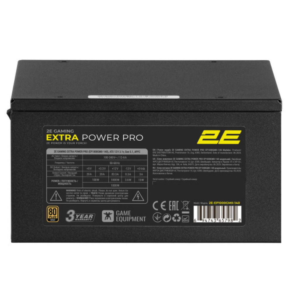 Блок живлення 2E GAMING Extra Power Pro ATX3.1 GEN5.0  (1000W), >90%, 80+ Gold, 140мм, 1xMB 24pin(20+4), 2xCPU 8pin(4+4), 3xMolex, 6xSATA, 4xPCIe 8pin(6+2), 1xPCIe GEN5 16pin, Full Modular