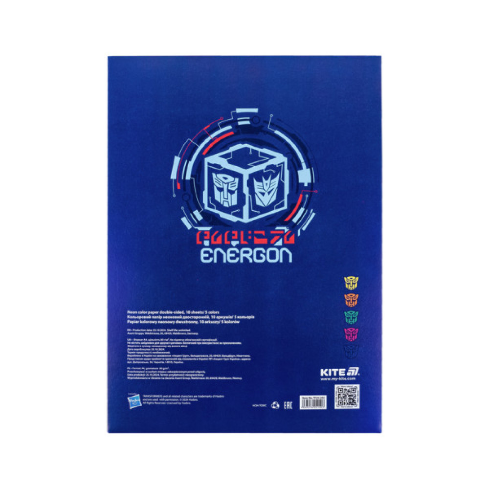 Кольоровий папір Kite А4 неоновий Transformers (10 аркушів/ 5 кольорів) (TF24-252)