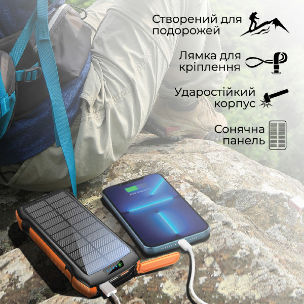Батарея універсальна Promate 20000mAh PD/20W, QC/3/0, Solar, QI, IP65 (solartank-20pdqi.black)