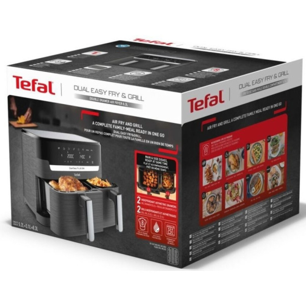 Мультипіч Tefal Dual EasyFry&Grill AirFryer, 2700Вт, чаша-5.2+3.1л, сенсорне керув., 2 чаши, гриль, пластик, чорний